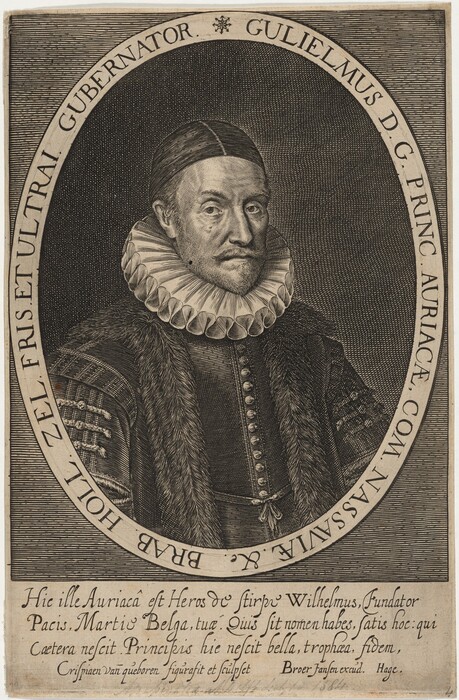 This image shows a portrait of a man in period attire within an oval frame. He is facing forward with his head slightly turned to the right, sporting a moustache and a small patch of facial hair under his lower lip. His hair is covered by a cap and he wears an elaborate ruff collar and a coat with fur trim. The coat has decorative details such as buttons and stitching. The background has a hatched texture and the oval frame is inscribed with text. Below the oval, there is more text that likely identifies the subject and creator of the work.