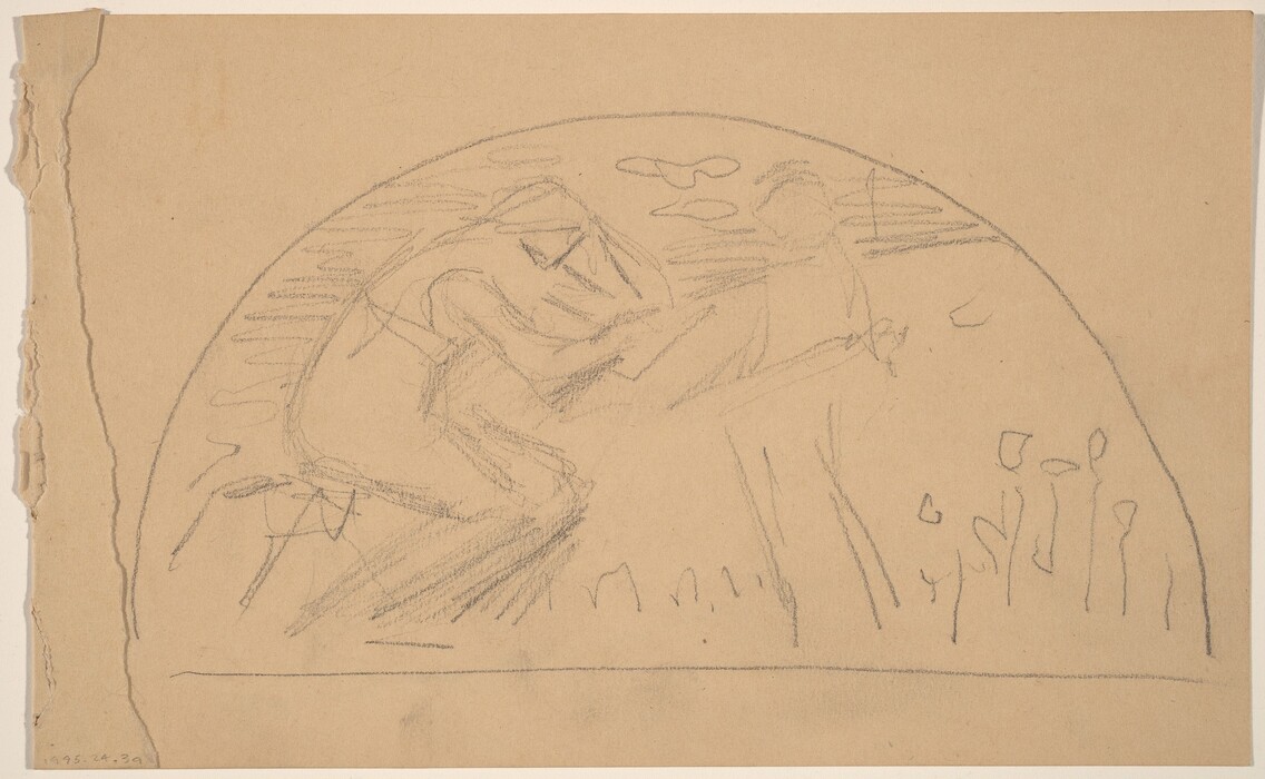 The image displays a composition of curved lines, undefined shapes, and a partial semicircle. Within this abstract sketch are figures that could resemble two people, potentially in seated or crouching positions. Above these figures are smaller shapes that might suggest clouds or birds. Towards the bottom right, there are vertical lines and small circles that could represent plant life, hinting at a garden or natural setting.