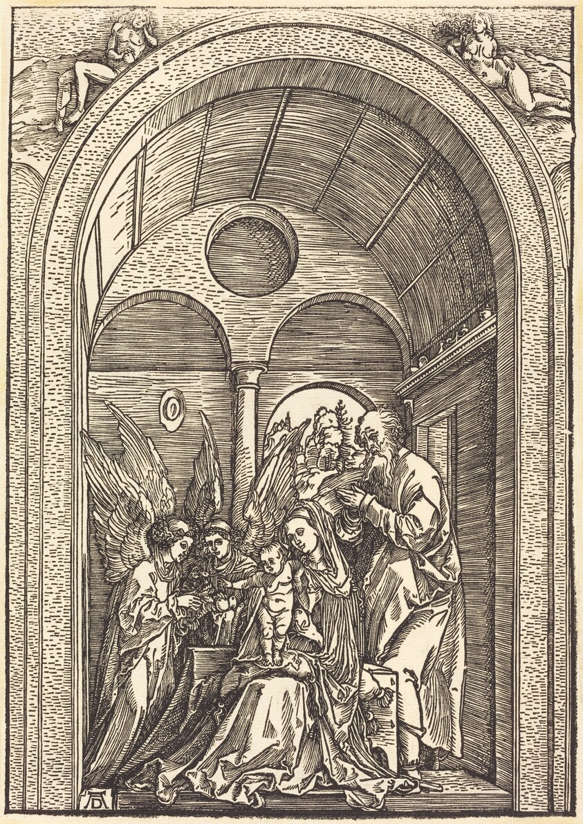 The Holy Family with Two Angels in a Vaulted Hall