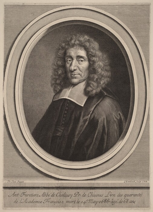 The image shows a portrait of a man with distinct facial features. He is looking directly at the viewer. The man has deep-set eyes, a prominent nose, and high cheekbones. His hair is long, curly, and falls naturally to his shoulders. He is dressed in a dark robe with a white collar. There is no visible jewelry or objects being held by the man. The background is a dark shade within an oval frame, with linear patterns around it. There is decorative script at the bottom of the portrait.