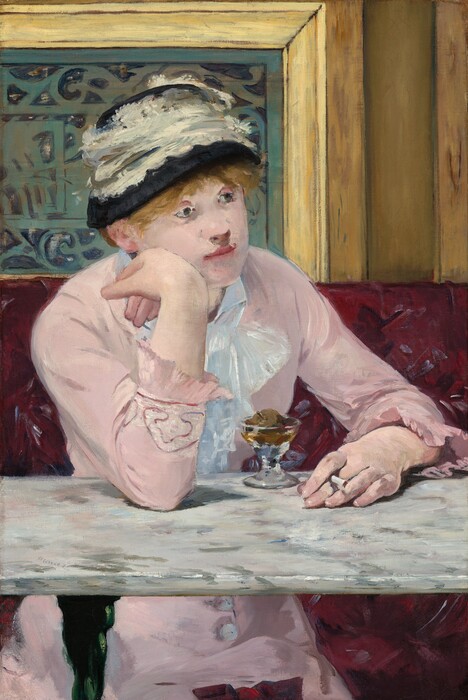 A woman with light skin sits facing us across a marble-topped table in a café in this vertical painting. Her body is angled slightly to our right, and she rests her right elbow, on our left, on the table. She leans her right cheek onto the back of her right hand as she gazes into the distance. She holds a cigarette in her other hand, which rests on the tabletop. Her pale pink dress has long sleeves with ruffles at the cuffs, and buttons down the front of the skirt can be seen under the table. A lace bow or ruffles cascade down at her neck. Straw-colored hair peeks out under a black hat encircled with a wide band of lace. A short, stemmed glass sitting on the table in front of her holds a small, round piece of fruit surrounded by caramel-colored liquid. The white marble tabletop is streaked with gray. The burgundy, patterned banquette she sits on takes up the bottom half of the composition, and wood paneling around a slate-gray metal grate fills the top half. Loose brushstrokes are visible throughout. The artist signed the work as if he had written his name on the surface of the table, near the front edge to our left, "Manet."