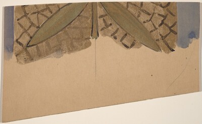 This is a painting of a geometric pattern with abstract and organic elements. The image features intersecting lines and shapes forming a lattice-like background in earthy tones of brown and green. Two elongated leaf-like shapes are seen over this pattern, with subtle touches of blue along the edges. The artwork is minimalist, relying on texture and pattern.