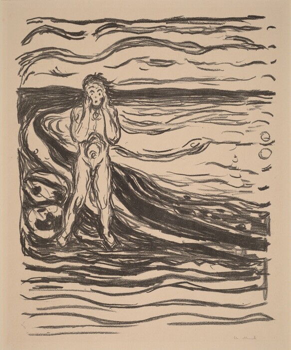 The image shows a person standing in the center. The person faces the viewer with their head tilted to the left, mouth open, and hands on either side of their face. The person's features are exaggerated, and their hair appears to be flowing backward. They wear a robe-like garment. There are no accessories or objects in the image. The background consists of swirling lines suggesting water and sky, creating a dynamic atmosphere. The composition is monochromatic, emphasizing the dramatic expression and movement.
