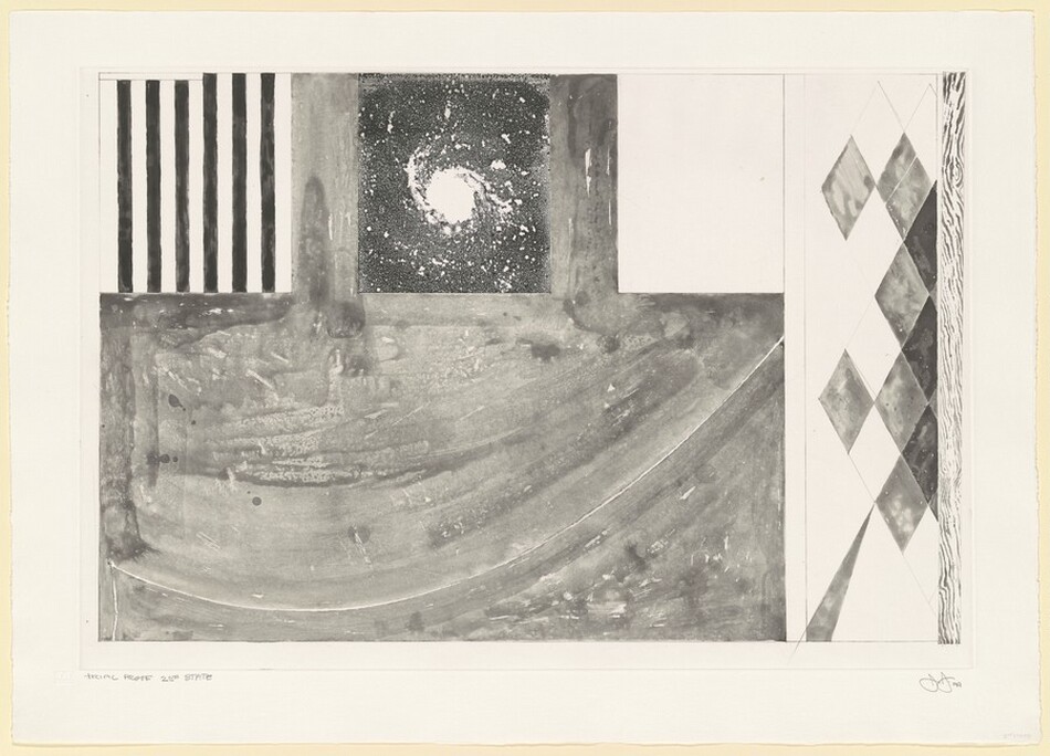 The image features a combination of geometric shapes and lines, including vertical stripes, a celestial pattern, and a series of diamond shapes. The composition includes a section with parallel black-and-white stripes resembling a barcode on the left, a swirling pattern in the center, and a row of diamond shapes on the right. The colors are primarily grayscale with curved strokes creating a textured effect.