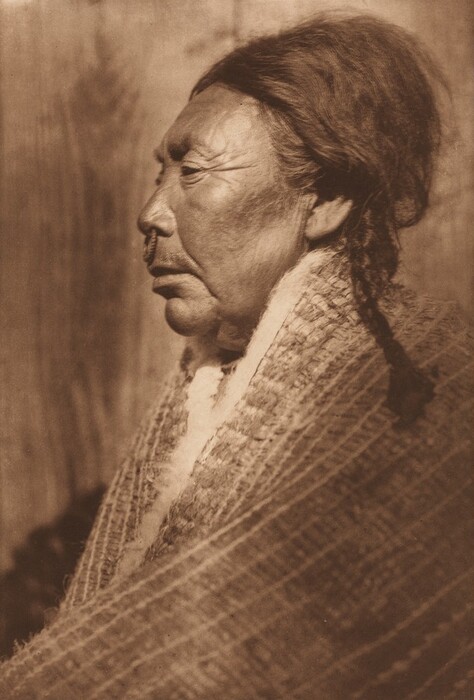 The image depicts a profile view of an elderly person's upper body. The person is facing left, seated, with high cheekbones, wrinkles, and upright posture. They have long, braided hair, wearing a woven or textured fabric over their shoulders. The person has a nose piercing and the background is a plain, wooden surface.