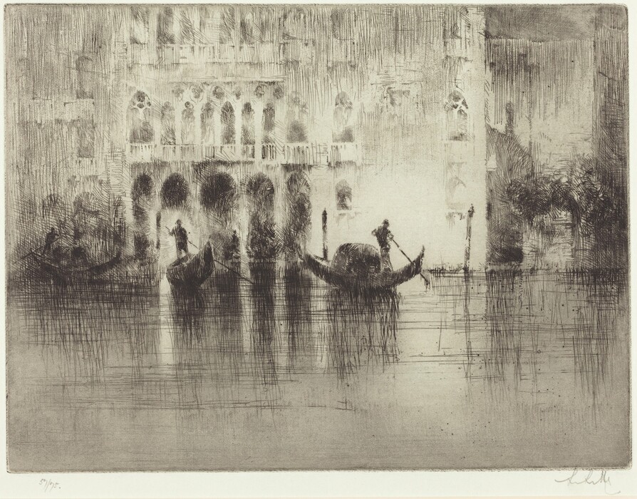 The image shows a view from the water of an ornate building with arched windows and intricate patterns. The horizon is not distinct, with the lowest level of the building roughly aligning with it. Gondolas are on the water, each piloted by a gondolier. The brushstrokes are fine and layered, creating texture and atmosphere. The color palette is monochromatic, with shades of sepia and gray. Light and shadow play across the water and building.
