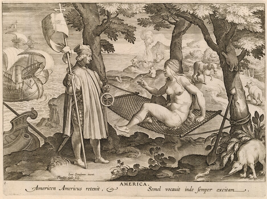 Printed with black lines and hatching, a man wearing a cloak and holding an astrolabe and a banner stands in front of a nearly nude woman reclining on a hammock in this horizontal engraving. To our left, the clean-shaven man has a bumped nose and soft jowls. He wears a brimless, high-crowned, floppy hat and a cloak over a tunic and stockings. The banner is long and decorated with a cross, and the staff holding it is topped with a cross. The man holds the astrolabe, a circular navigational instrument about the size of a dessert plate, that hangs from a ring with the other hand. The woman has a short, round nose, full cheeks, and her lips are parted. Long hair falls loosely to her waist under a cap-like headdress, perhaps made of feathers. A ring of feathers is around her hips, and a metal band, presumably gold, encircles one shin. On the hammock, she sits up and holds one hand up toward the man. The hammock hangs from two trees near a rocky coastline, which lies to our left. A masted ship with billowing sails is along the left edge of the sheet, and a rowboat is pulled up to the coastline. Animals, including what might be a tapir and perhaps a monkey or tiny bear in one tree, stand or walk through the landscape. In the background, a nude woman sits with a child near another woman and a nude man who roast a person’s leg, cut off from the waist, on a spit over a fire. Another skewer with another leg lies nearby. Inscriptions under the man in the print read, “Ioan. Stradanus inuent. Theodor Galle Sculp.” Text printed under the image reads, “AMERICA. Americen Americus retexit, &  Semel vocauit inde semper exitam.” The print is numbered 1 under the lower left corner.