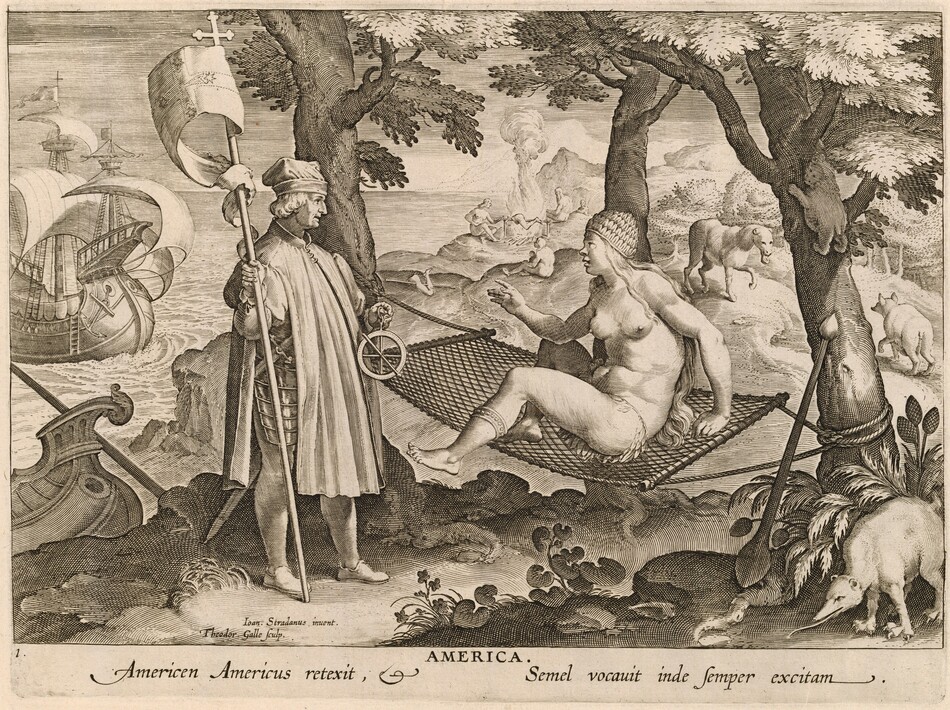 Printed with black lines and hatching, a man wearing a cloak and holding an astrolabe and a banner stands in front of a nearly nude woman reclining on a hammock in this horizontal engraving. To our left, the clean-shaven man has a bumped nose and soft jowls. He wears a brimless, high-crowned, floppy hat and a cloak over a tunic and stockings. The banner is long and decorated with a cross, and the staff holding it is topped with a cross. The man holds the astrolabe, a circular navigational instrument about the size of a dessert plate, that hangs from a ring with the other hand. The woman has a short, round nose, full cheeks, and her lips are parted. Long hair falls loosely to her waist under a cap-like headdress, perhaps made of feathers. A ring of feathers is around her hips, and a metal band, presumably gold, encircles one shin. On the hammock, she sits up and holds one hand up toward the man. The hammock hangs from two trees near a rocky coastline, which lies to our left. A masted ship with billowing sails is along the left edge of the sheet, and a rowboat is pulled up to the coastline. Animals, including what might be a tapir and perhaps a monkey or tiny bear in one tree, stand or walk through the landscape. In the background, a nude woman sits with a child near another woman and a nude man who roast a person’s leg, cut off from the waist, on a spit over a fire. Another skewer with another leg lies nearby. Inscriptions under the man in the print read, “Ioan. Stradanus inuent. Theodor Galle Sculp.” Text printed under the image reads, “AMERICA. Americen Americus retexit, &  Semel vocauit inde semper exitam.” The print is numbered 1 under the lower left corner.