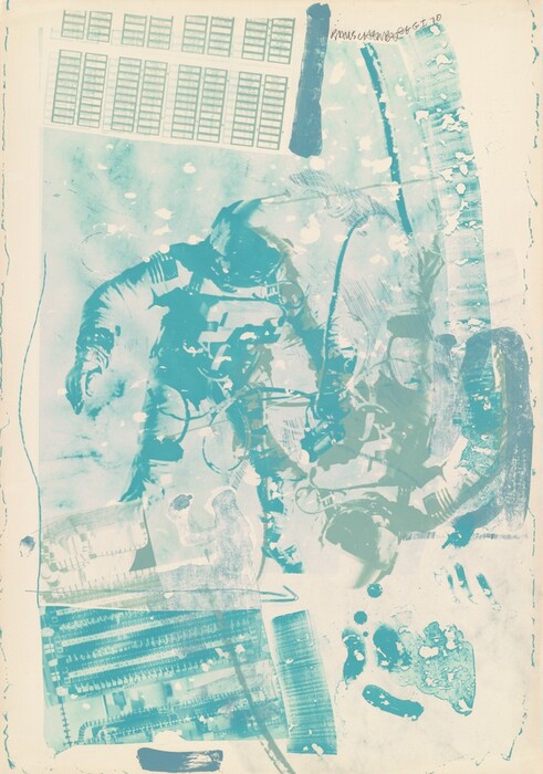 The image features overlapping shapes and lines creating an intricate pattern. In the center is an astronaut filled with details like hoses and straps. There are rectangular shapes in the upper part, and grid-like patterns below. The overall composition suggests themes of space exploration and technology.