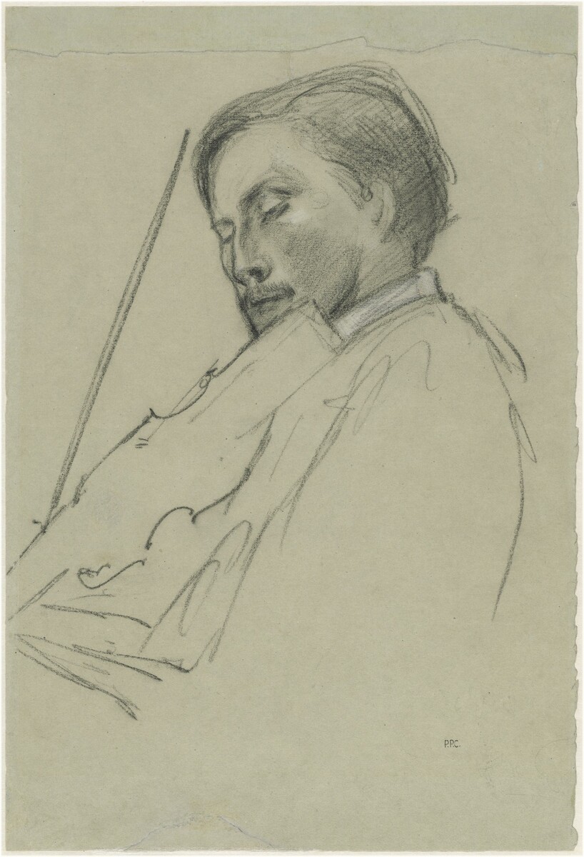 The image displays the upper body of a person in a seated position, drawn in profile. The individual appears relaxed with their head slightly tilted forward, closed eyes, and a hint of a mustache. The neatly styled hair is combed to the side, and the person is wearing a high-collared garment, potentially a suit or coat. They are depicted holding a violin against their shoulder, with the bow held in their hand. The background is plain, focusing on the subject of the drawing.