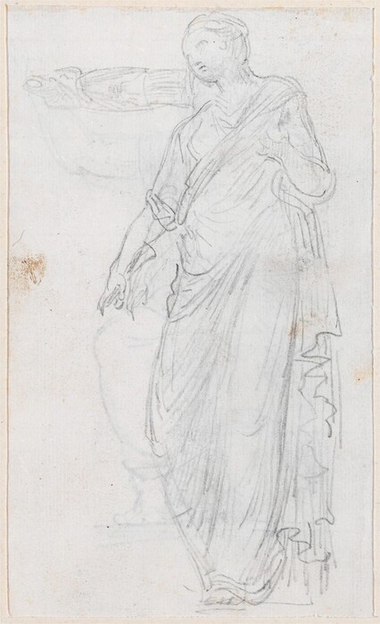 The sketch displays a full-length figure of a person standing in a gentle, fluid pose. The individual is shown in a classical draped stance, with one arm extended forward and the other near the chest. The facial features are softly sketched, with a slightly tilted head. The person's hair is styled in a swept-back manner. They are dressed in traditional draped garments with no visible jewelry or objects held. In the background, a lightly sketched architectural element or column is visible. The image is drawn in soft pencil on a plain background, highlighting the lines and folds of the clothing.