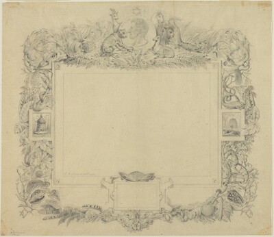This is a drawing of an ornate decorative border featuring a variety of natural elements. The rectangular blank space is framed with intricate pencil drawings depicting flora and fauna. The border includes tropical plants, a leopard, a fox, a snake, various birds, a person, an animal, plants, flowers, animals such as frogs, fish, and reptiles, insects like butterflies and dragonflies, fruits, foliage, and additional natural elements. Two small drawings are included within the vertical borders, and the bottom center features a prominent butterfly image.