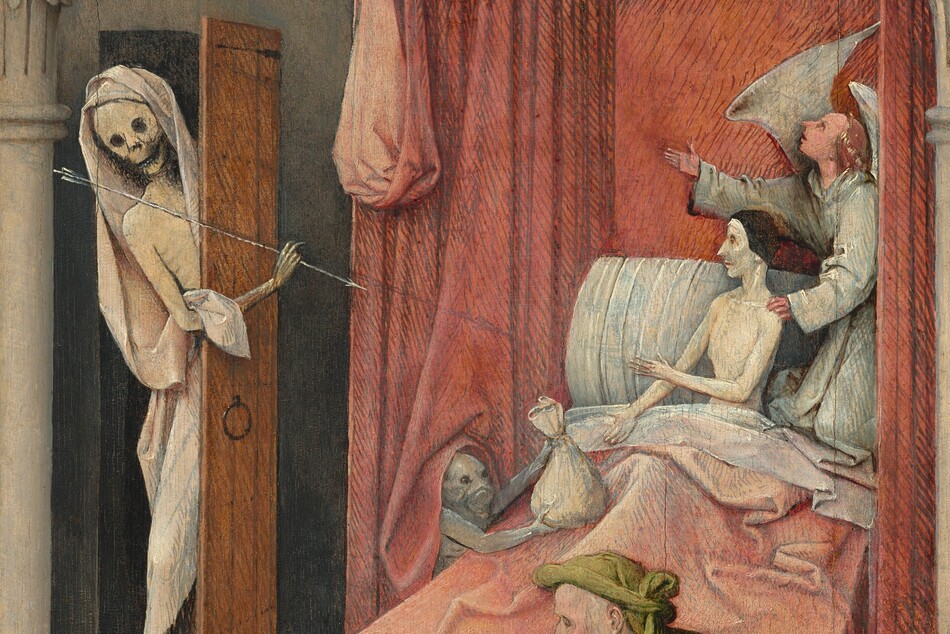 A naked man with ghostly white skin sits upright in a canopied bed set in a narrow room in this tall, vertical painting. Wearing a black cap, he looks to our left in profile toward a skeleton who comes through a door along the left edge of the composition. The man gestures at the skeleton with one hand and, with the other, toward a bag of money held up by a small demon next to the bed to our left. The skeleton wears a white shroud and holds an arrow. A winged angel kneels next to the man in the bed, one hand on the man’s shoulder and the other lifted to gesture at a crucifix hanging in the window over the door. A small devil on the canopy above looks down onto the bed. At the foot of the bed, a man wearing a green robe and headdress drops coins into a sack held by another demon. Three more demons crawl about and hide under the chest. Pieces of armor and weapons lie on the ground to the right in front of a stone ledge in the foreground. Two pieces of clothing drape over the ledge to our left.