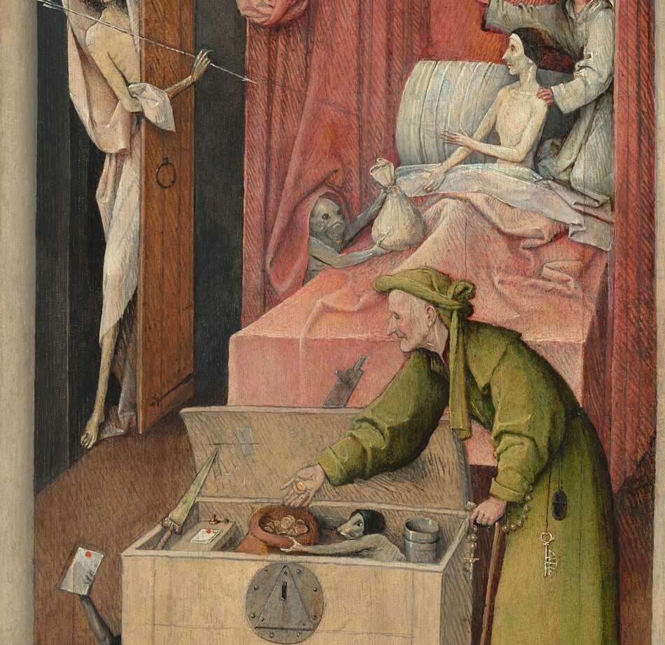 A naked man with ghostly white skin sits upright in a canopied bed set in a narrow room in this tall, vertical painting. Wearing a black cap, he looks to our left in profile toward a skeleton who comes through a door along the left edge of the composition. The man gestures at the skeleton with one hand and, with the other, toward a bag of money held up by a small demon next to the bed to our left. The skeleton wears a white shroud and holds an arrow. A winged angel kneels next to the man in the bed, one hand on the man’s shoulder and the other lifted to gesture at a crucifix hanging in the window over the door. A small devil on the canopy above looks down onto the bed. At the foot of the bed, a man wearing a green robe and headdress drops coins into a sack held by another demon. Three more demons crawl about and hide under the chest. Pieces of armor and weapons lie on the ground to the right in front of a stone ledge in the foreground. Two pieces of clothing drape over the ledge to our left.