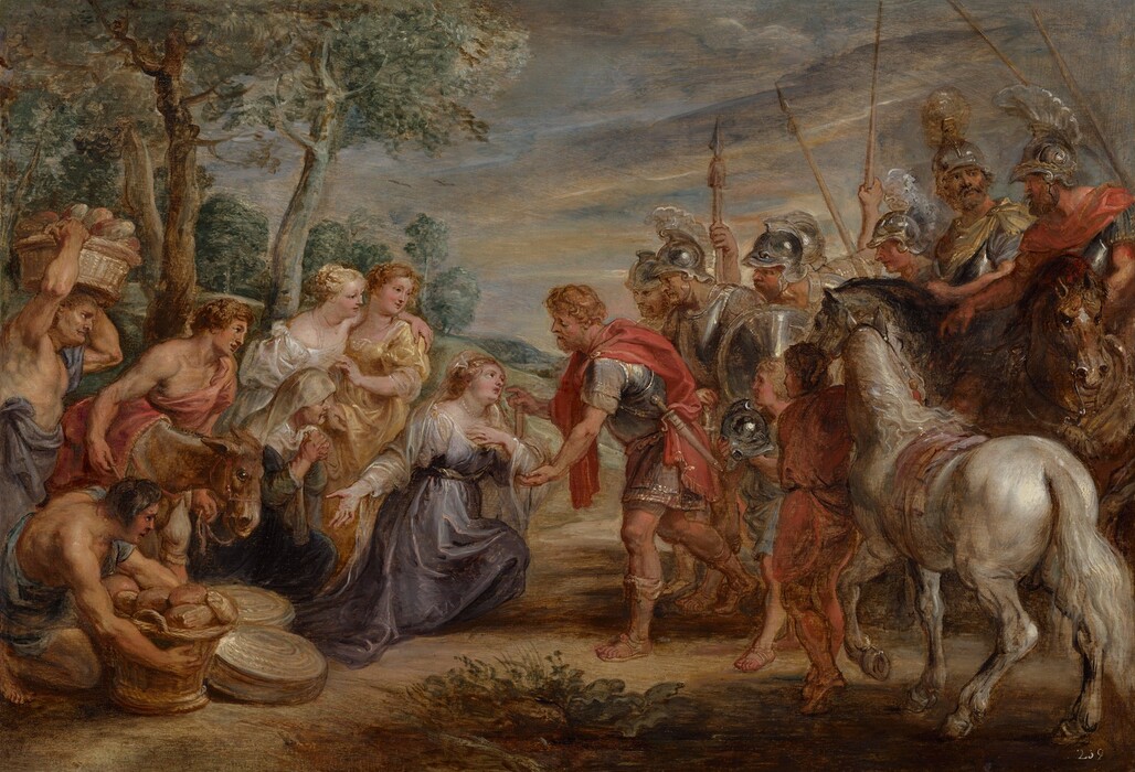 A man and woman greet each other at the center of a group of about a dozen people set within a landscape in this horizontal painting. All the people have pale, peachy skin. In the middle of the crowd, a woman, Abigail, kneels to our left while a man to our right, David, reaches out to her. Abigail’s blond hair is tied back under a white veil that drapes over her shoulders, and she wears a slate-blue dress and a string of pearls around her neck. She holds her left hand, on our right, to her chest and her other hand gestures down to a basket of bread held by a man in the lower left corner of the painting. David stands and bends toward Abigail as he cups her bent elbow with his left hand. His other hand rests on a walking stick near her head, and his index finger is extended as if to brush her cheek. He has short, curly blond hair and beard, and he wears a thigh-length tunic under a breastplate. Crimson-red fabric drapes around his shoulders and over his armor, and a dagger or short sword hangs at his hip. Three women, three men, and a donkey gather to our left, behind Abigail. Two of the men hold large baskets of bread, and they all look toward Abigail and David. Six armored men, two younger people, and two horses make up the group to the right. Trees line a hill behind the people to our left and dark gray and amber-colored clouds fill the sky.