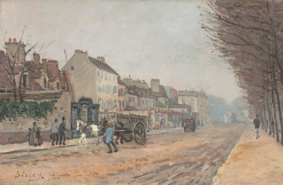 People and a horse-drawn wagon move along a street lined with buildings on the left and trees on the right in this loosely painted horizontal landscape. The wide street angles from the bottom left of the composition to the middle right. The surface of the road is painted with strokes of apricot orange, light gray, rust red, and olive green, and it leads back to a slate-blue, blurred area suggesting trees in the distance. The two, three, or four-story buildings are close together or may be joined. They are painted in muted tones of parchment white, pale peach, and blue gray. Closest to us and to the left, a long brown roof and two bare trees sit beyond an ivy-covered stone wall. The people are indistinct and small in relation to the scene and are dressed in black, brown, olive-green, and slate-blue clothing. One of two carriages is across the road from us and the second one is farther back. On our side of the road, a man wearing a long black jacket and gray pants strolls away from us past a neat row of trees lining the peach-colored sidewalk. The overcast gray and pale pink sky is above. The artist signed and dated the lower left corner, “Sisley. 72.”