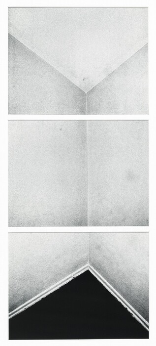 The image showcases three sections with walls meeting in a series of lines and angles, depicting the convergence of planes in an abstract manner. The top section shows an upward-facing view, the middle section provides a centered angle, and the bottom segment highlights a lower perspective. The compositions form a representation of an enclosed space.