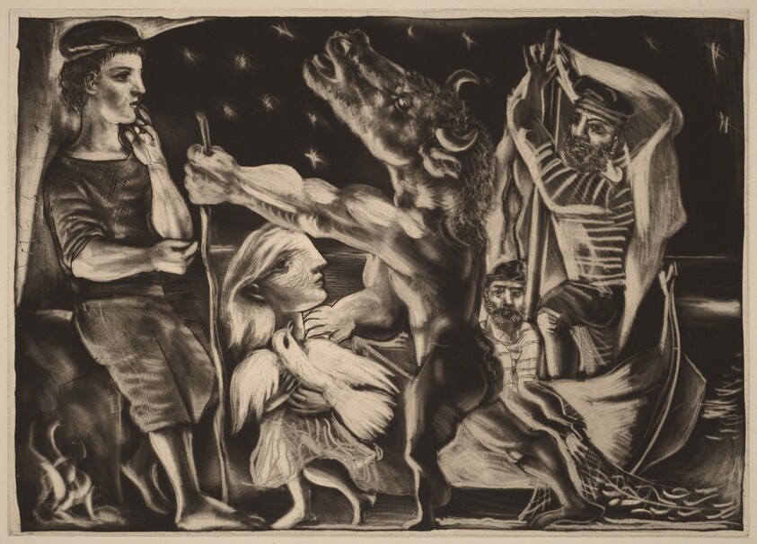 Blind Minotaur Led by Marie-Thérèse with a Dove in a Starry Night (Minotaure aveugle guidé par Marie-Thérèse au pigeon dans une nuit étoilée)