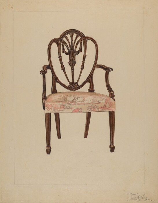 The image shows a wooden chair with a heart-shaped backrest and arm supports. The seat is cushioned and covered in fabric with a floral or pastoral pattern. The chair is primarily brown with hints of pink, green, and cream. It is centered in front of a neutral, light-colored background.
