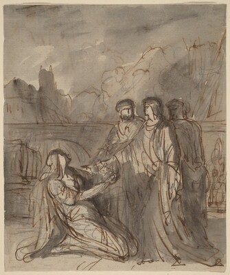 This is a drawing depicting a scene with a group of individuals and a figure kneeling. The image is rendered in a loose style using washes of dark brown ink, creating a monochromatic effect. The composition includes a kneeling figure making a supplicating gesture towards a group of standing individuals. The background shows hills and a bridge, adding depth to the scene. The outlines of the figures are sketchy yet decisive, suggesting movement and interaction within a possibly historical or allegorical setting. The medium and style give the scene spontaneity and emotive power, encouraging contemplation of the narrative content.