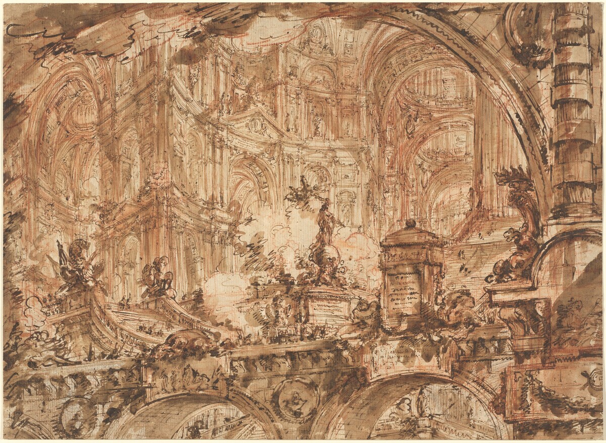 The image shows intricate lines and shapes creating elaborate arches and architectural structures. The drawing has a swirling and overlapping design that suggests chaotic motion within a grand structure. The abstract assembly resembles a grand cathedral or a palatial hall, with arches and columns akin to classical architecture. Figures and decorative flourishes are interspersed throughout, resembling statues or ornate carvings typical of an embellished building.