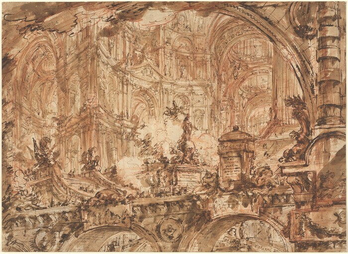 The image shows intricate lines and shapes creating elaborate arches and architectural structures. The drawing has a swirling and overlapping design that suggests chaotic motion within a grand structure. The abstract assembly resembles a grand cathedral or a palatial hall, with arches and columns akin to classical architecture. Figures and decorative flourishes are interspersed throughout, resembling statues or ornate carvings typical of an embellished building.