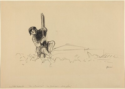 This is a drawing of a person next to a large wooden pole in abstract surroundings. The drawing features minimalistic and expressive linework. The person is crouched next to a tall, jagged structure that appears to be a pole or beam. Abstract lines suggest a rocky terrain or rubble around the figure. The background is mostly empty, highlighting the central interaction between the figure and the structure.