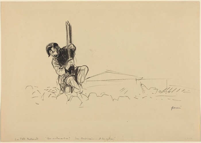 This is a drawing of a person next to a large wooden pole in abstract surroundings. The drawing features minimalistic and expressive linework. The person is crouched next to a tall, jagged structure that appears to be a pole or beam. Abstract lines suggest a rocky terrain or rubble around the figure. The background is mostly empty, highlighting the central interaction between the figure and the structure.