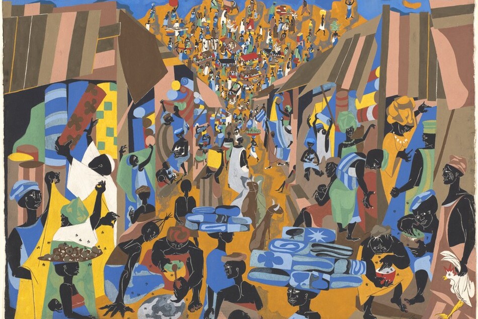 Painted and drawn with areas of flat, vibrant colors, we look slightly down onto a bustling street market in this stylized, horizontal scene. It is created almost entirely with shades of sky and royal blue, buttercup and harvest yellow, caramel and ash brown, and spearmint green with only a few touches of brick and crimson red. The people all have black-colored skin with their features outlined in white. They sit, stand, gather, or walk along stalls lining the street that extends away from us. Some wear caps, headdresses, or are bareheaded. They wear wraps or togas that mostly leave arms bare. Some carry goods on their heads, sit and eat, hold children and babies, or reach for wares. One person holds a white chicken and another leads a couple of goats along the street. The inverted, narrow V of the street meets the shallow V of the rooflines of the buildings or awnings of the stalls just above the center of the composition. The upside-down triangular filling the distant area between the rooflines has a dark yellow ground where densely packed tables, carts, buildings, people, and several chickens are tiny in scale. A strip of blue along the top edge of the painting suggests the sky above. The artist signed and dated the work in graphite in the lower right corner, “Jacob Lawrence 64.”