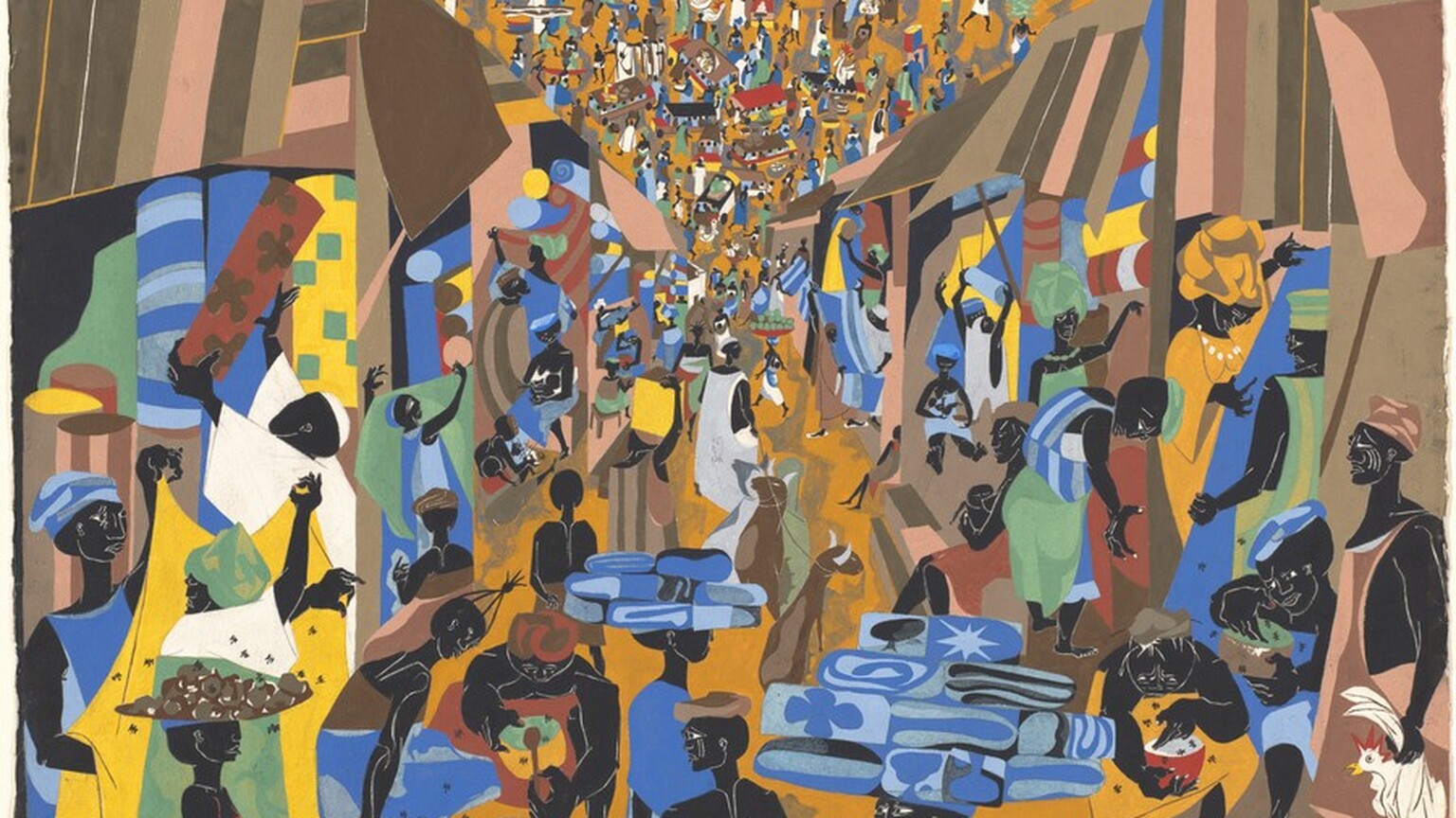 Painted and drawn with areas of flat, vibrant colors, we look slightly down onto a bustling street market in this stylized, horizontal scene. It is created almost entirely with shades of sky and royal blue, buttercup and harvest yellow, caramel and ash brown, and spearmint green with only a few touches of brick and crimson red. The people all have black-colored skin with their features outlined in white. They sit, stand, gather, or walk along stalls lining the street that extends away from us. Some wear caps, headdresses, or are bareheaded. They wear wraps or togas that mostly leave arms bare. Some carry goods on their heads, sit and eat, hold children and babies, or reach for wares. One person holds a white chicken and another leads a couple of goats along the street. The inverted, narrow V of the street meets the shallow V of the rooflines of the buildings or awnings of the stalls just above the center of the composition. The upside-down triangular filling the distant area between the rooflines has a dark yellow ground where densely packed tables, carts, buildings, people, and several chickens are tiny in scale. A strip of blue along the top edge of the painting suggests the sky above. The artist signed and dated the work in graphite in the lower right corner, “Jacob Lawrence 64.”