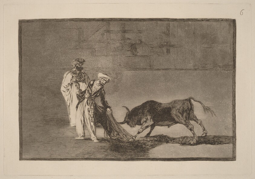 Los Moros hacen otro capeo en plaza con su albornoz (The Moors Make a Different Play in the Ring Calling the Bull with Their Burnous)