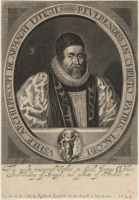 This is a portrait of a man shown from the chest up. He is positioned facing forward and slightly looking to his left. His facial features include a full beard and mustache, and he has bushy eyebrows. He is wearing a cap on his head, and his hair is not prominently visible. The man's attire is ornate, featuring a large, elaborate ruff collar, layered clothing with a detailed outer robe, and a patterned inner garment. He is not visibly holding any objects or wearing jewelry. The background of the image is a detailed, inscribed oval frame with text around it, and there is an illustration below the man's portrait within the frame. The entire image has a textured, engraved appearance with decorative elements surrounding the figure.