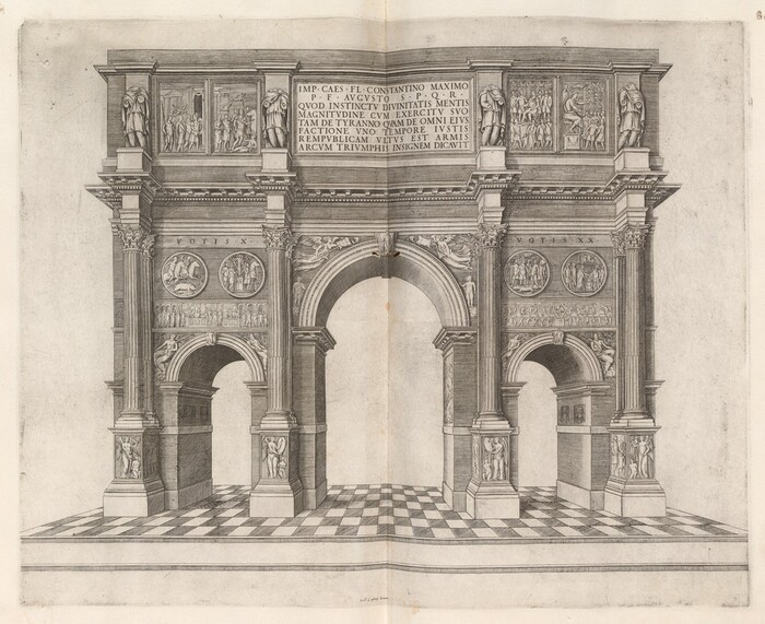 This is a drawing of an architectural monument, specifically a triumphal arch. The structure features three archways, with a large central arch flanked by two smaller ones. The arch is richly decorated with carvings, reliefs, and inscriptions. The reliefs depict various figures and scenes, and are surrounded by detailed architectural elements such as columns and pilasters. Above the central arch, there is a large Latin inscription. The base of the monument sits atop a checkerboard pattern floor.
