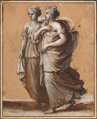The image depicts two individuals standing side by side. The person on the left has short curly hair and is wearing a loose, flowing garment. The person on the right has longer curly hair pulled back and is dressed in a draped garment with one shoulder exposed. Both individuals are shown from head to toe. The background is a simple, monochromatic surface primarily in shades of brown.