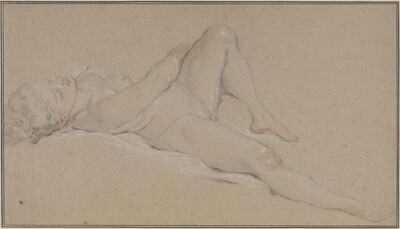 The image shows a full-body sketch of a reclining person on their back, with the head turned slightly to the side. The person is lying with one leg bent at the knee and the other leg extended, while their arms are positioned across the torso. The facial features are softly defined, with closed eyes and the hair appears curly and styled up, though details are subtle. The individual is depicted without clothing, drawn with gentle lines and shading that capture the contours of the body. The surrounding area features a simple, textured background without any additional objects or decorations.