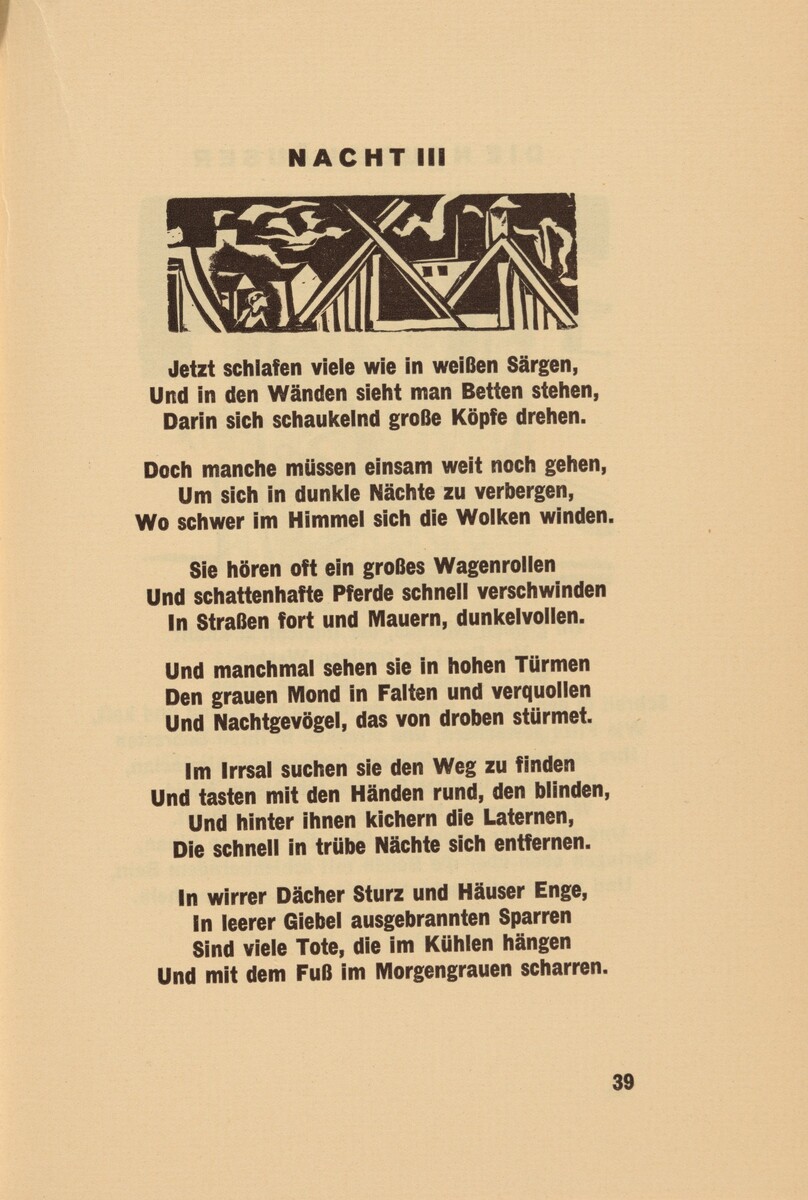 There is a rectangular abstract illustration at the top of the page. The image has bold, dark lines and shapes against a light background. The illustration depicts a cityscape with buildings and a sky filled with swirling cloud-like forms. Below the illustration, there is a block of centered text on the page. The title "NACHT III" is in bold capital letters, followed by a poem in German. The text is printed in a clear serif typeface, with the page number "39" at the bottom right corner.