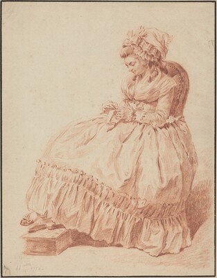 The image shows a woman sitting in a chair, holding a small piece of fabric or paper. She has a serene expression and curly hair. She wears an elegant dress and a decorative headpiece. In the background are a book and a piece of cloth.