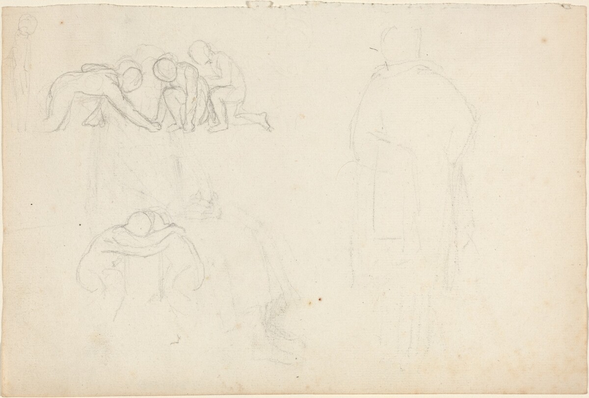 This is a drawing of preliminary sketches of figures. The drawing captures rough, pencil-sketched outlines of several figures in various poses. In the upper left part, multiple figures are depicted bending and huddling together, shown through simple, rounded shapes suggesting heads and outlines of limbs. Below, there is a sketch of another figure, head resting on arms. To the right, a larger figure is drawn standing, draped in loose garment representation, and appears more faint and less detailed than the other sketches. These sketches may serve as preparatory studies for a larger composition or artwork.