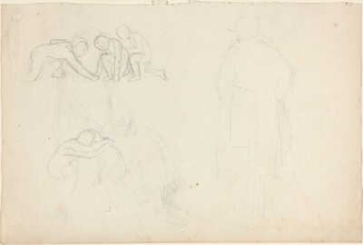 This is a drawing of preliminary sketches of figures. The drawing captures rough, pencil-sketched outlines of several figures in various poses. In the upper left part, multiple figures are depicted bending and huddling together, shown through simple, rounded shapes suggesting heads and outlines of limbs. Below, there is a sketch of another figure, head resting on arms. To the right, a larger figure is drawn standing, draped in loose garment representation, and appears more faint and less detailed than the other sketches. These sketches may serve as preparatory studies for a larger composition or artwork.