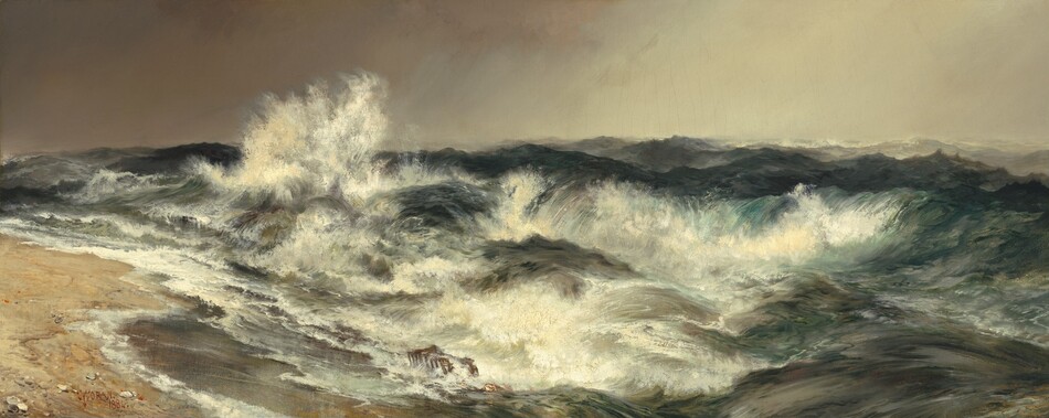 Roiling, churning waves breaking against a patch of a sandy beach fill most of this wide, horizontal landscape painting. The water deepens from aquamarine blue to teal, slate, and midnight blue amid clouds of ivory-white crests and spray. A glassy, mirror-like sheen of water coats the sandy beach where it drops sharply from the lower left corner to the breaking waves. A few shells or other objects are suggested with touches of pumpkin orange and charcoal gray along the beach. Near the lower center, a battered wooden cage is pommeled by waves where the water meets the foot of the sloping beach. A strip of sky lightens from sable brown to our left to light tan to our right across the upper third of the composition. The artist signed and dated the work with red paint in the lower left corner, “T MORAN 1884,” with the T overlapping the M to make a monogram.