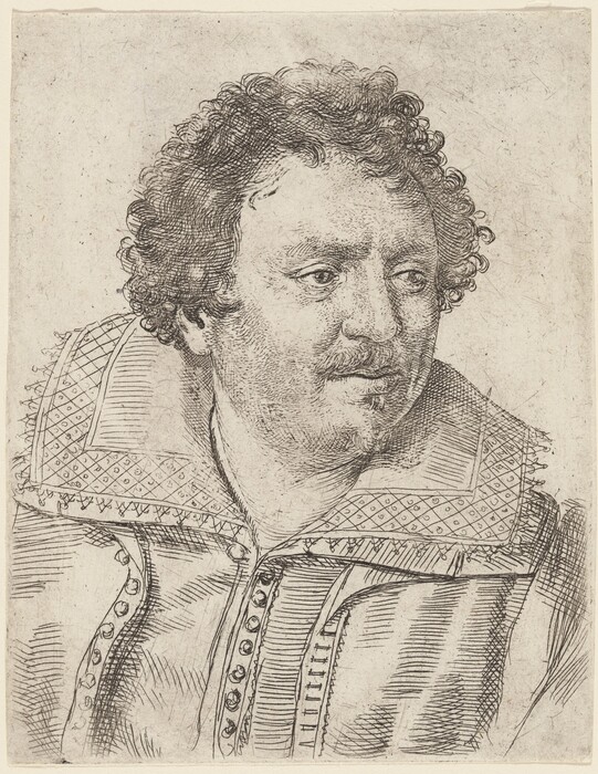 The image depicts the upper torso and head of a person at an angle, facing slightly to the right. The individual has closely cropped curly hair, distinct facial features, and a neutral expression. They wear a garment with an ornate, double-layered collar fastened with buttons. There are no visible accessories or objects. The background is plain, highlighting the subject in the foreground.