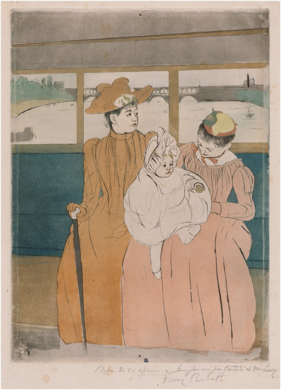 Two women, one holding a baby on her lap, sit on the long bench seat of an omnibus in this vertical, colored print. The women and their full skirts take up almost the width of the composition against the peacock-blue bench, which extends off both sides. The women and baby’s skin are the color of the cream-white paper. The woman to our left wears a tan-colored, high-collared dress, gloves, and hat. She looks off to our right, almost in profile. She has a round face and the hint of a double chin. One gloved hand rests on a cane. The other woman holds the baby and tips her head down toward the child. That second woman wears a tea rose-pink dress and a hat with areas of darker pink, fern green, and straw yellow. Both women’s black hair is pulled up under their hats. The baby’s ruffled white bonnet, blousy garment, stockings, and shoes are also the white of the paper, though the hair is picked out with yellow, the lips with pink, and the ball held in one hand with brown. The structure of the women’s bodices, puffy long sleeves, and long skirts as well as the baby’s clothing are outlined in black. A row of windows behind them, parallel to the top of the bench, open onto an arched bridge spanning a river with boats. To our left, the sandy water’s edge is lined with spruce green trees. Back inside, the panel behind the women’s legs is peanut brown, and the top of the omnibus is muted mauve purple. A mark with an oval, or a mirrored C, over an uppercase M, is stamped in royal blue at the bottom center of the print. The sheet is inscribed with graphite across the right half of the bottom margin. Text reads, “Edition de 25 épreuves Imprimée par l’artiste et M. Leroy Mary Cassatt."