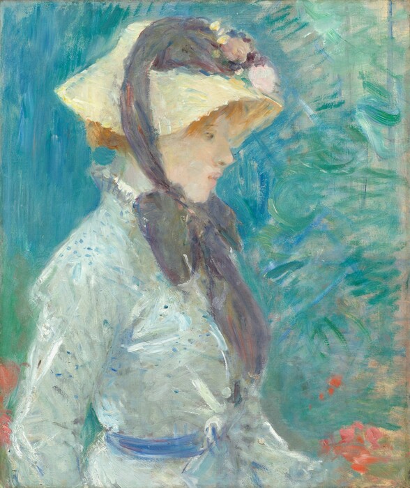 Shown from the waist up, the profile of a pale-skinned woman wearing an ice-blue dress is loosely painted with visible brushstrokes in this vertical portrait. The woman’s body faces our right, and she looks slightly down with her pale pink lips parted. A floppy straw hat is tied over her copper-blond hair with a plum-purple ribbon and tied in a bow beneath her chin. The bow appears to be nearly as wide as her shoulders, and the ribbons hang down almost to her belly button. Her dress has a high, ruffled neckline along the back of the neck and long sleeves. A few flecks of lapis blue suggest polka dots, and a blue belt wraps around the waist. The background is especially loosely painted with strokes of aqua blue and bright, bottle green that suggest an outdoor setting and few touches of coral red in the lower corners could be flowers.