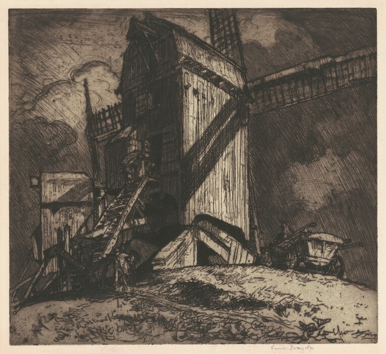 The image shows a low perspective view of a rustic windmill. The windmill is centrally placed, obscuring the horizon with clouds in the background. The windmill extends upward with its sails slightly to the right. The artwork uses dark, etched lines to create a dramatic ambiance. The color palette is primarily sepia, giving the image a vintage feel. A cart filled with materials is on the right, and nearby mill machinery is intricately etched. In the distance, there are other structures and fluffy clouds for context.