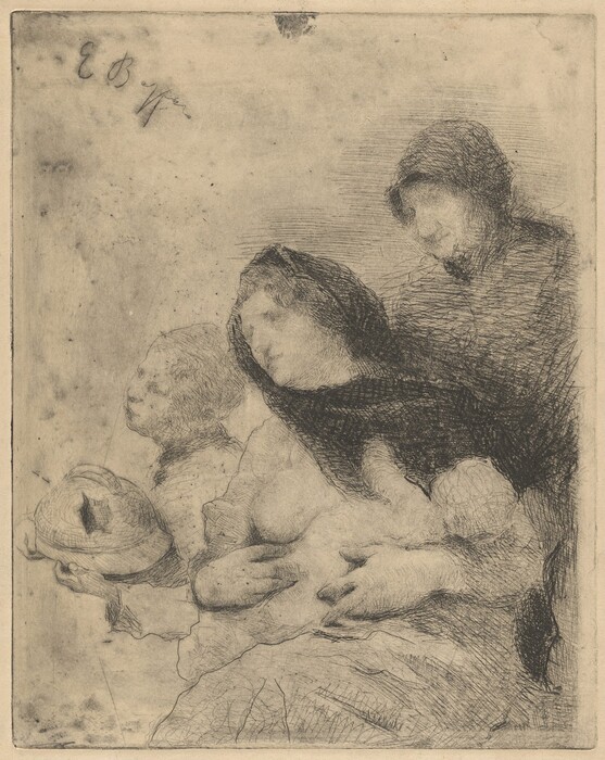 The image is an etching of three figures in left profile. The central figure is a woman, seated and leaning slightly forward, with curly hair and a shawl covering her head and shoulders. To her left stands an older figure in a hood, and to her right is a child holding a bowl or hat-shaped object. The background is plain with cross-hatching and textural shading, with faint letters and numbers in the upper left corner.