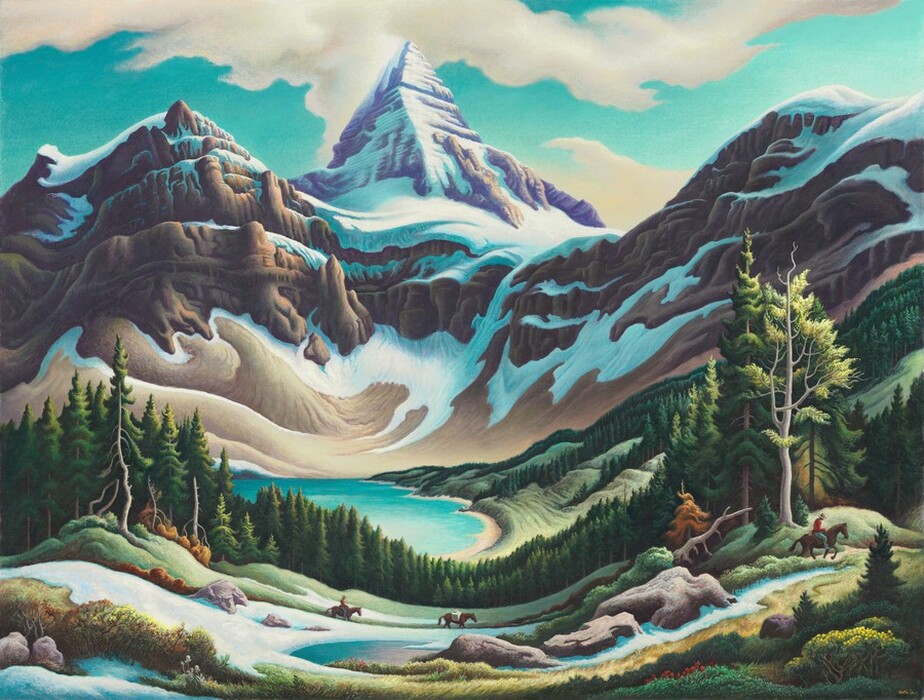 From a high vantage point, we look across a valley that rises gently to either side in front of a tall, snowy mountain peak flanked by looming ridges in this horizontal, landscape painting. The curve of the land, the tree branches, and the sinewy lines of the snow along the crevices of the ridges are exaggerated, giving the scene a slightly stylized look. Tiny in scale, three widely spaced horses, two with riders, move from left to right along the valley. The ridge faces are dark earth brown and the snow is pale blue where the sun shines on it, from our right. The face of the narrow, central peak is violet purple, and the sharp tip nearly touches the top edge of the canvas.
