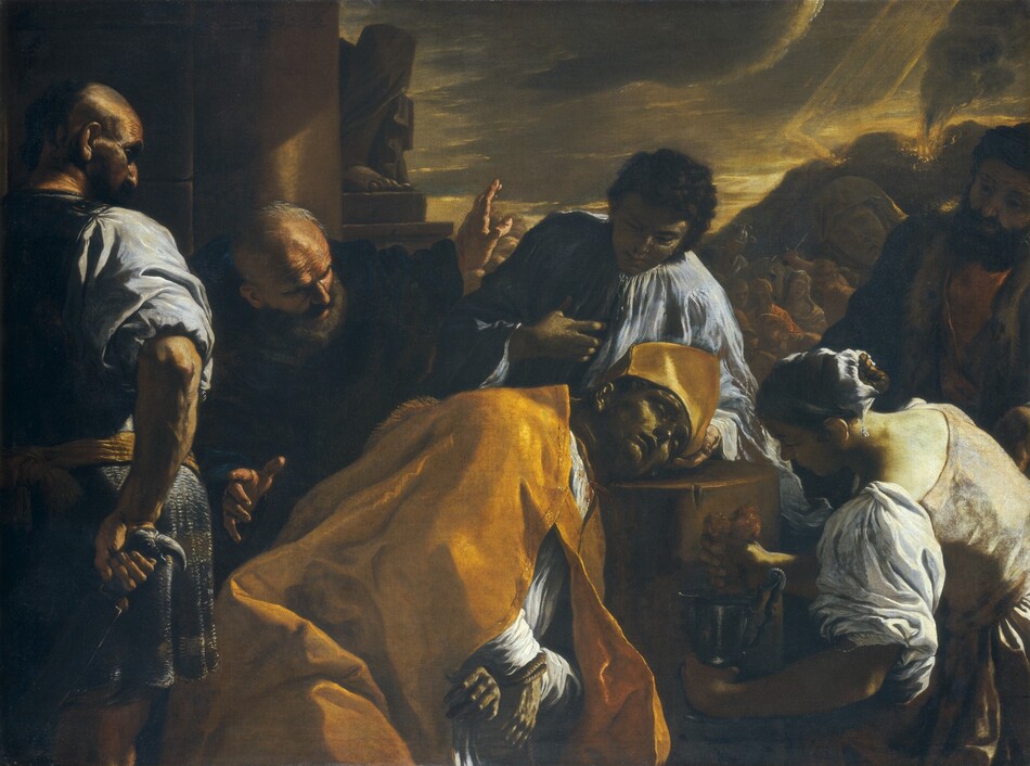 Four men and one woman gather around a dead man who is dressed in a bright honey-gold cape and pointed hat, his stone-gray face resting on a stump or column in this dark vertical painting. All the people have peachy skin or light skin tinged with green. Shown from the knees up, Saint Gennaro, the dead man, twists and slumps to our right. On the stump, his eyes are closed and his lips parted. His hands are crossed at his waist and bound with rope. He wears a tall hat rising to a peak in the center. His cloak drapes over a white tunic, and red seeps from around his neck. On our right, a brown-haired woman is shown from the waist up, bending down in front of Saint Gennaro’s face. The light falls across the scene from our right, so her profile is in shadow. She holds a silver chalice in one hand and squeezes something, perhaps a rag or sponge, over the chalice with her other hand. A clean-shaven man with dark curly hair stands behind the stump. That man’s body faces us as he leans to our right and tilts his head down over Saint Gennaro, his shadowed face obscured. His left hand is under the dead man’s head and his right hand clutches his own chest. Behind the dead man and to our left, a bald, gray bearded man bends over and spreads his arms wide over and across the saint’s back. His brow is furrowed, and he looks at Saint Gennaro with deep-set eyes. Along the left edge of the canvas, a bald man with a hooked nose and large ears stands and angles his body to our right, his face in profile. He leans back from the dead man, his right hand holding a knife or sword with a bird-shaped hilt. The fourth man close to Saint Gennaro looks on to our right, from behind the stooping woman. The people gathered around Saint Gennaro wear clothes in muted shades of gray, brown, and white. The edge of a building rises up along the left edge of the composition. In front of a distant mountain to our right, more people are gathered, some with swords raised and others looking on with mouths gaping. One faint head, the face painted in tones of ash gray, peeks over the shoulder of the fourth man. Yellow streaks near the horizon also illuminate the undersides of heavy, dark gray clouds above.