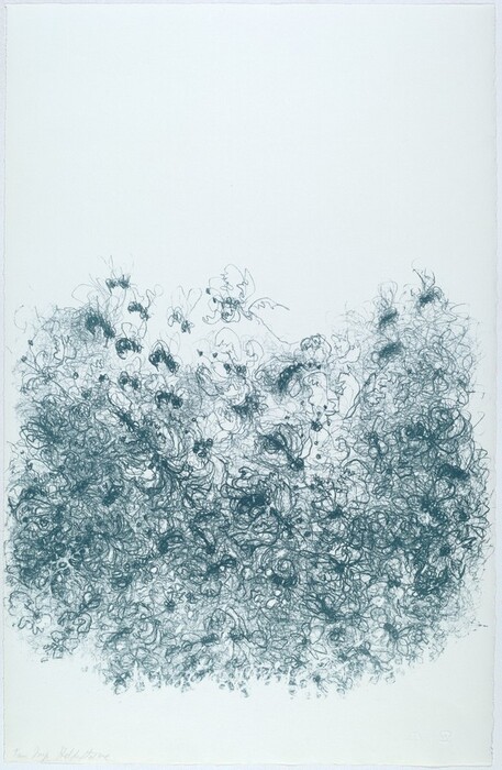 The image shows swirling, looping lines and shapes concentrated towards the bottom, gradually becoming less dense and fading out as they ascend upwards. These dark, tangled clusters create an abstract impression. The upper part of the image remains mostly untouched, providing a stark contrast to the intricate entanglements below.