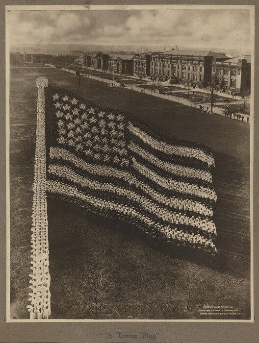 Hundreds of people wearing white or dark-colored uniforms stand in formation to make an American flag on a long, rectangular, grassy area in this black and white photograph. We can tell from the people closest to us that they stand at attention and salute. The flagpole is to our left, and the stars and stripes ripple downward as if the flag was lifted in a slight breeze. About a dozen people stand along the edge of the far side park, which is lined with four and five-story buildings. White clouds are out of focus in the sky above, which takes up about the top sixth of the photograph. Text printed in white against the dark photograph in the lower right corner begins with a copyright symbol and then reads, “Great Lakes Recruit 1917, Navy Relief Society Distributors, Photo Mayhart Studio Chicago U.S.A.” Text written in a calligraphic style on the gray mat under the photograph reads, “A Living Flag.”