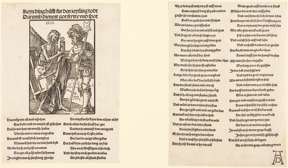 This is a drawing showing a skeletal figure and a man with a halberd. The illustration features a skeletal figure holding an hourglass, interacting with an armored man carrying a halberd. The background includes a simple architectural element like a wall or a fence. The scene is enclosed within a rectangular frame on a page with text above and below the image. The style of the drawing resembles early 16th-century woodcuts. The text on the page is written in Gothic script.